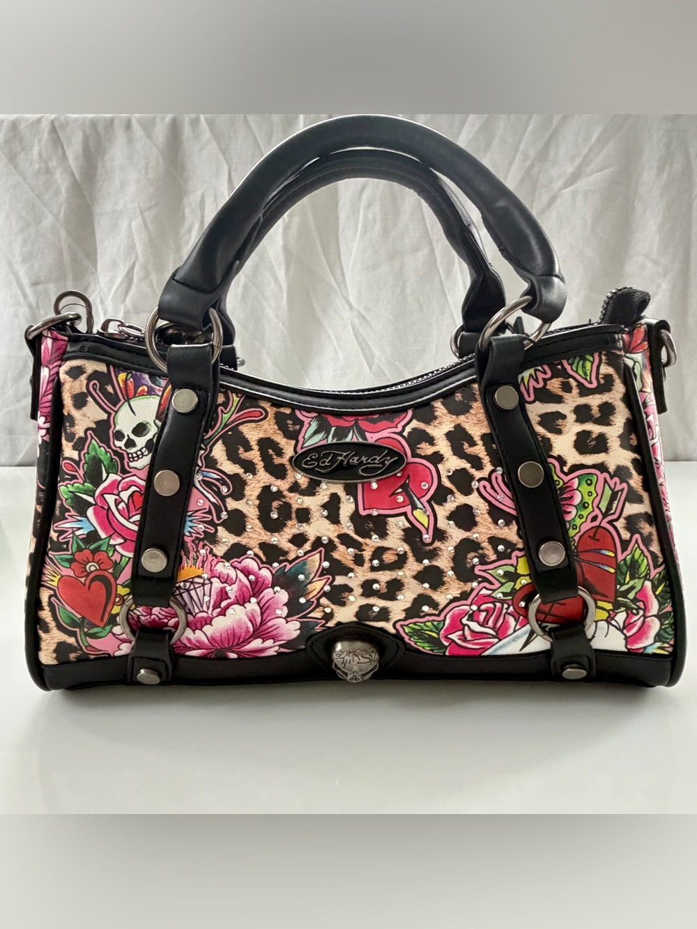 Ed Hardy Black Trim Leopard Floral Satchel with Pink & Red Accents